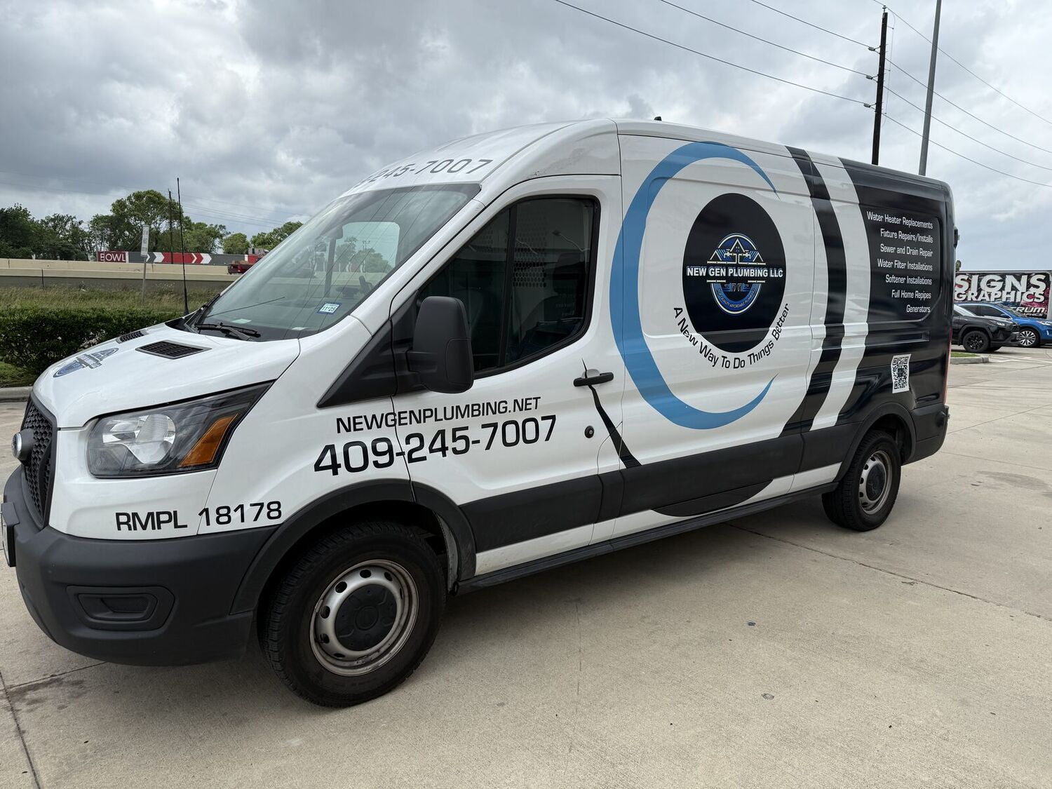 New Gen Plumbing LLC service van in Spring, TX — water heater replacement, repipes, water softeners, sewer & drain repair, and generator installs